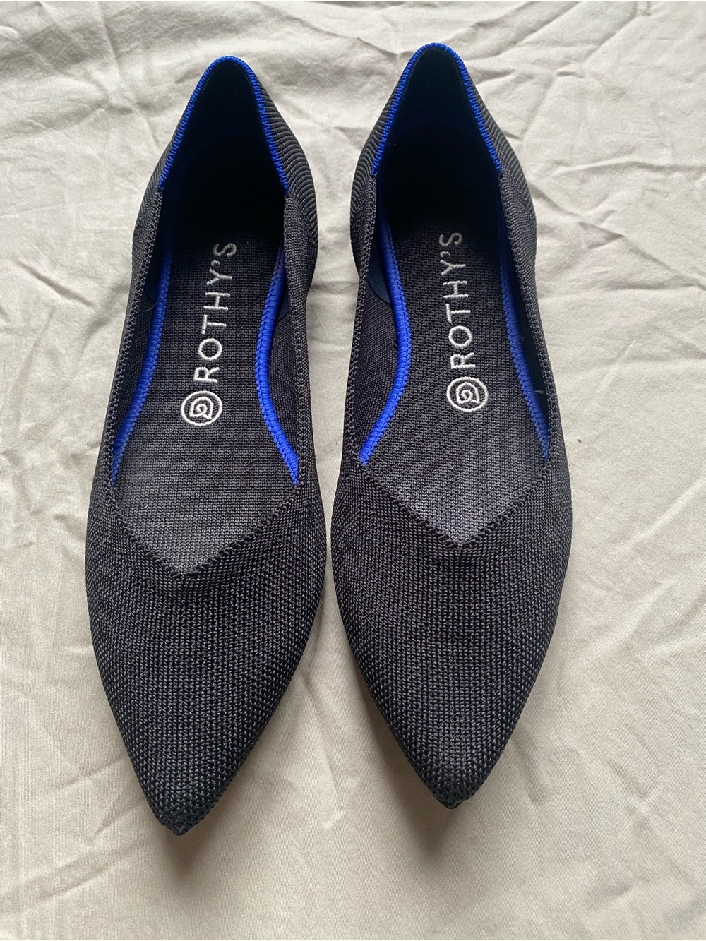 Rothy’s the point black slip on flats shoes blue trim SZ 9